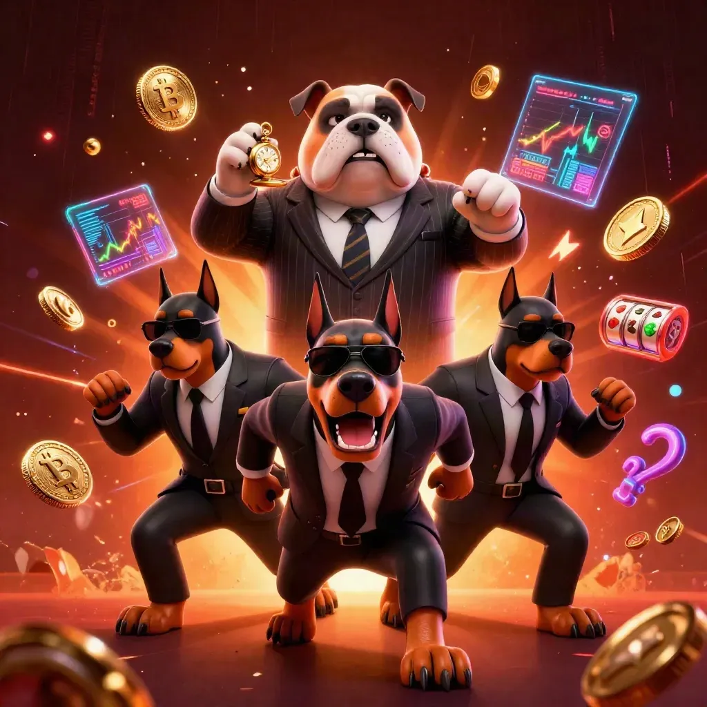 Bulldog boss and Doberman bodyguards burst through casino energy with coins, charts, and neon glow.