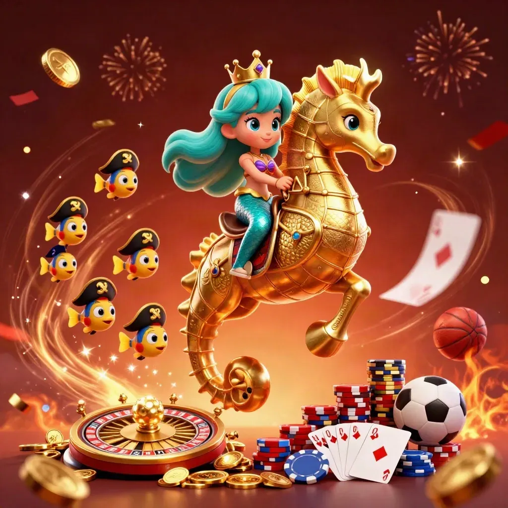 Mermaid princess on armored seahorse amid coins, chips, roulette wheel, fireworks, and pirate fish.