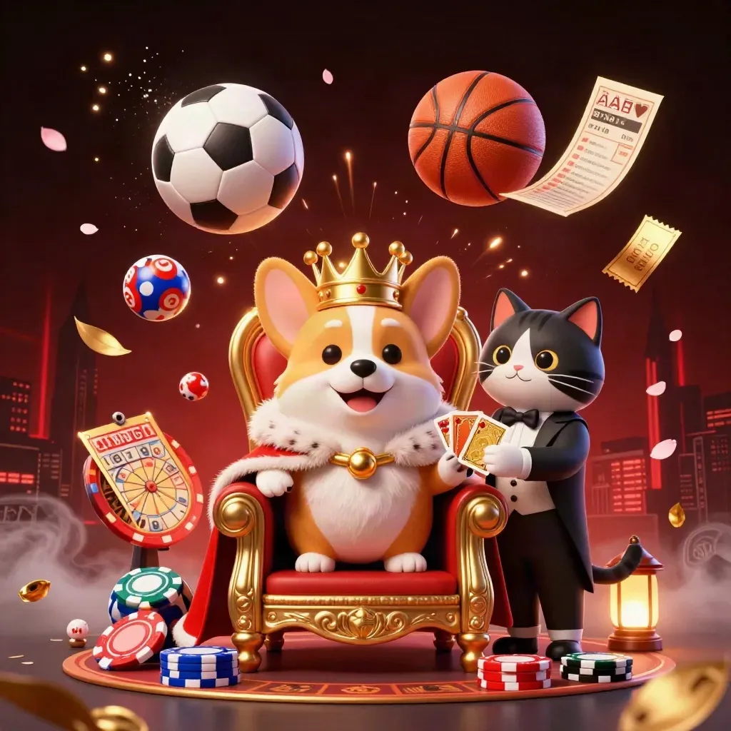 Royal corgi and cat butler amid flying sports balls, chips, petals, and casino lights.