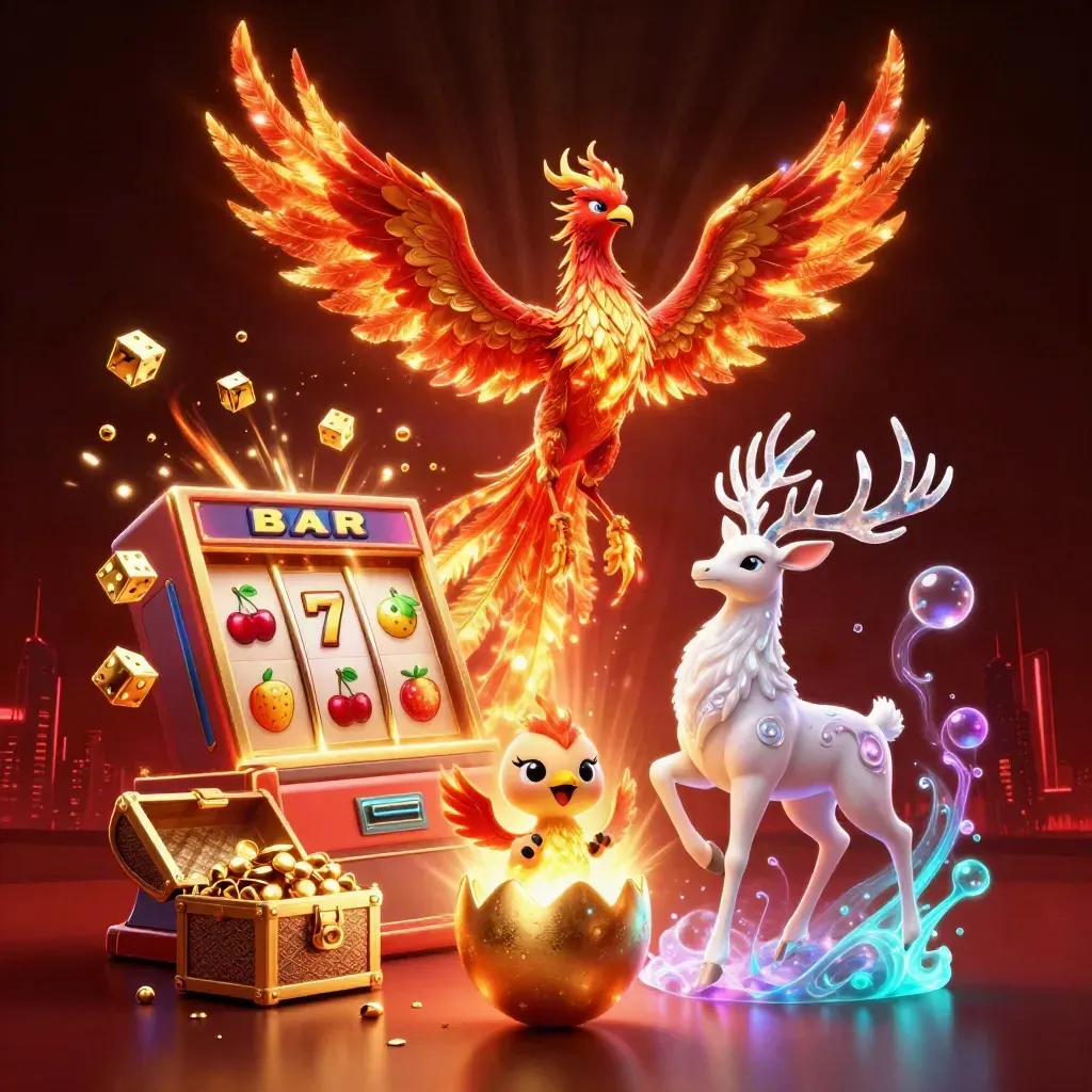 Phoenix, baby phoenix, and crystal stag amid jackpot burst, gold, and neon casino light.