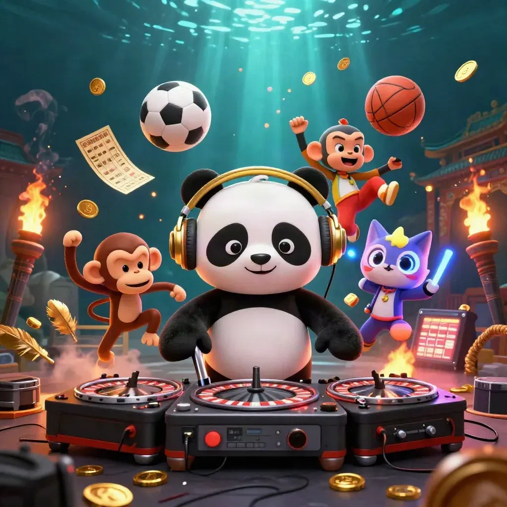 DJ panda, monkey, and glow-stick kitten amid casino sports props and flying balls.