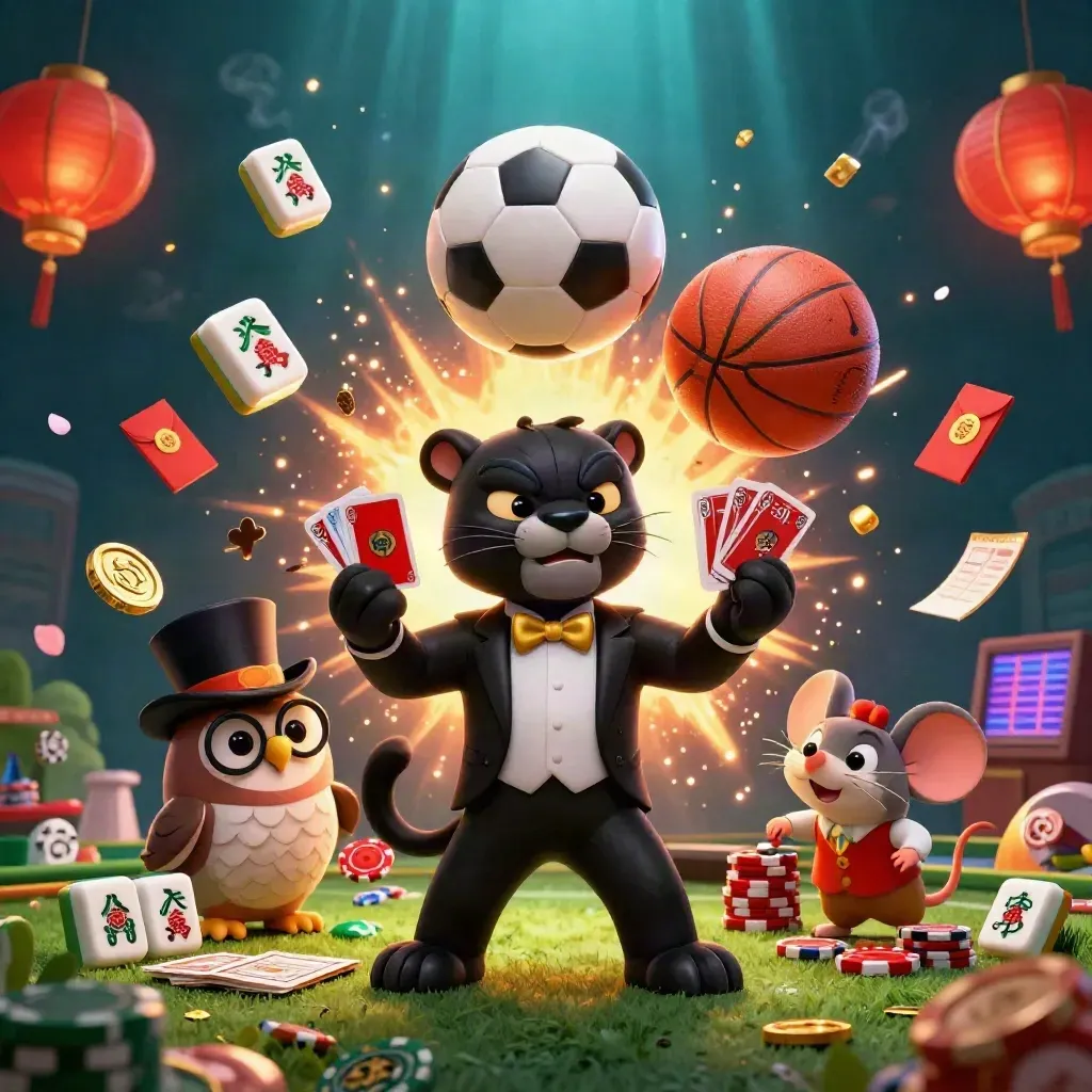Black panther, owl and mouse amid casino cards, coins, balls, lanterns and blue light.