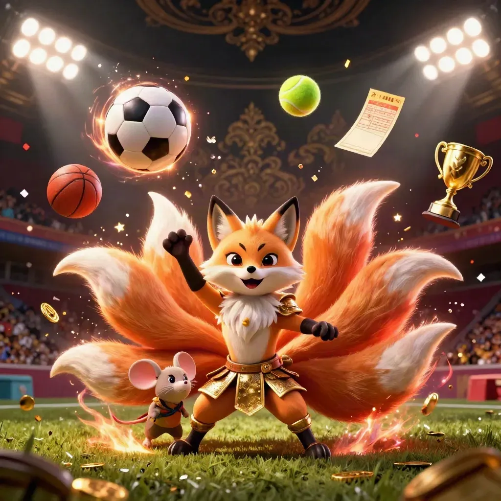 Fox spirit and armored mouse amid flying sports balls, coins, trophy, and casino lights.
