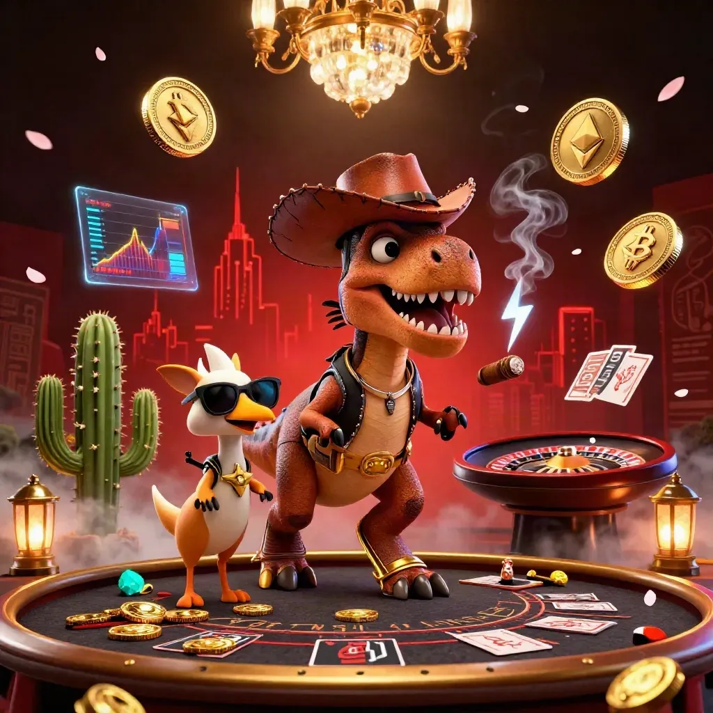 Cowboy T-Rex, cactus, and roadrunner in a neon casino scene with spinning coins and a chandelier.