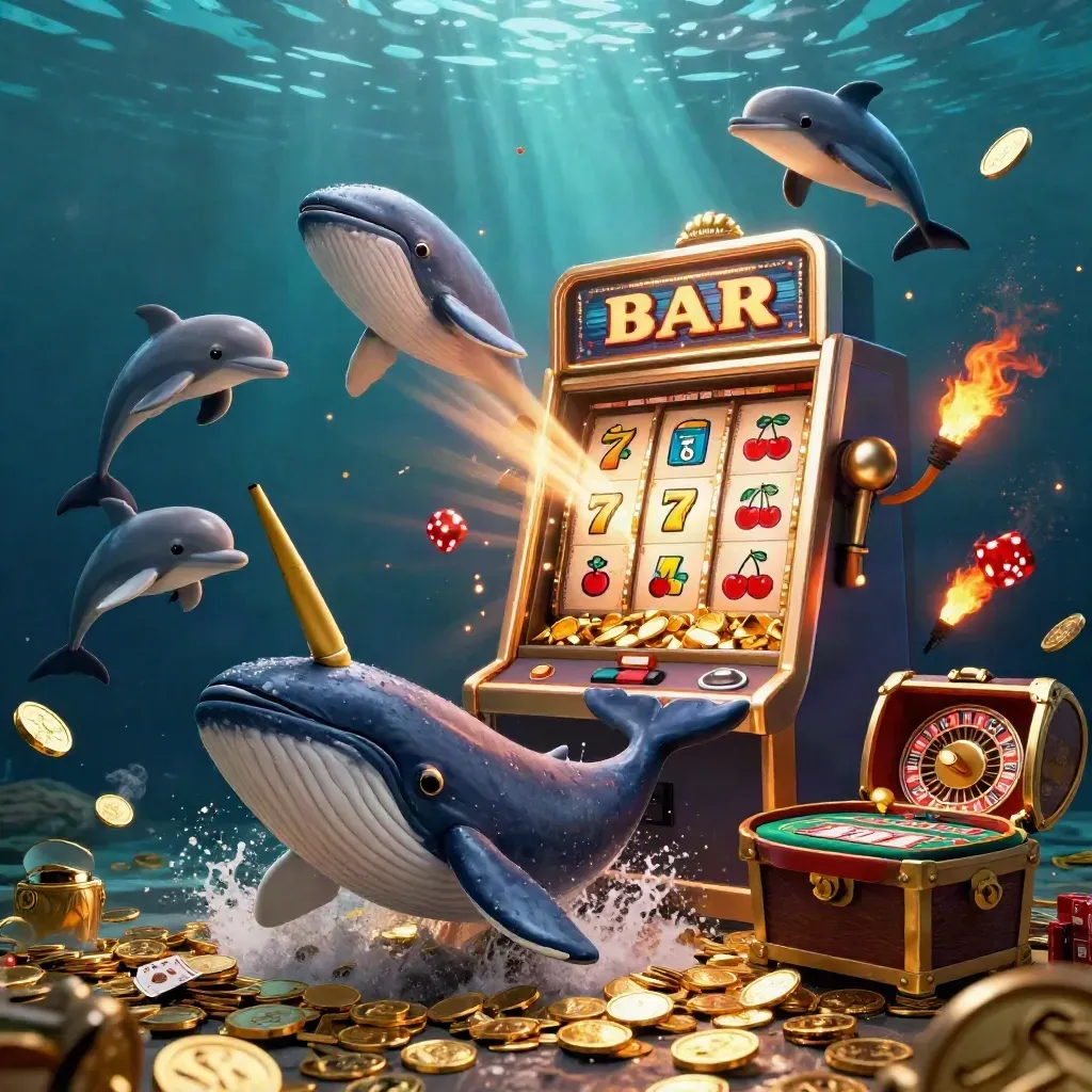 Whale captain, narwhal, and dolphins amid slot rays, coins, gold, and a spinning roulette wheel