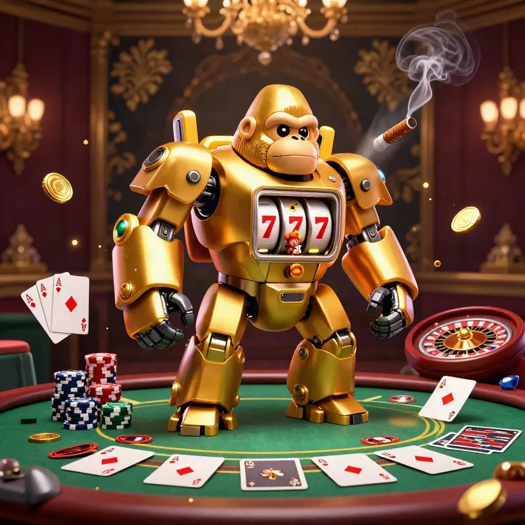 Golden gorilla slot-mech with monkey pilot amid casino table chaos, brass glow, burgundy luxe