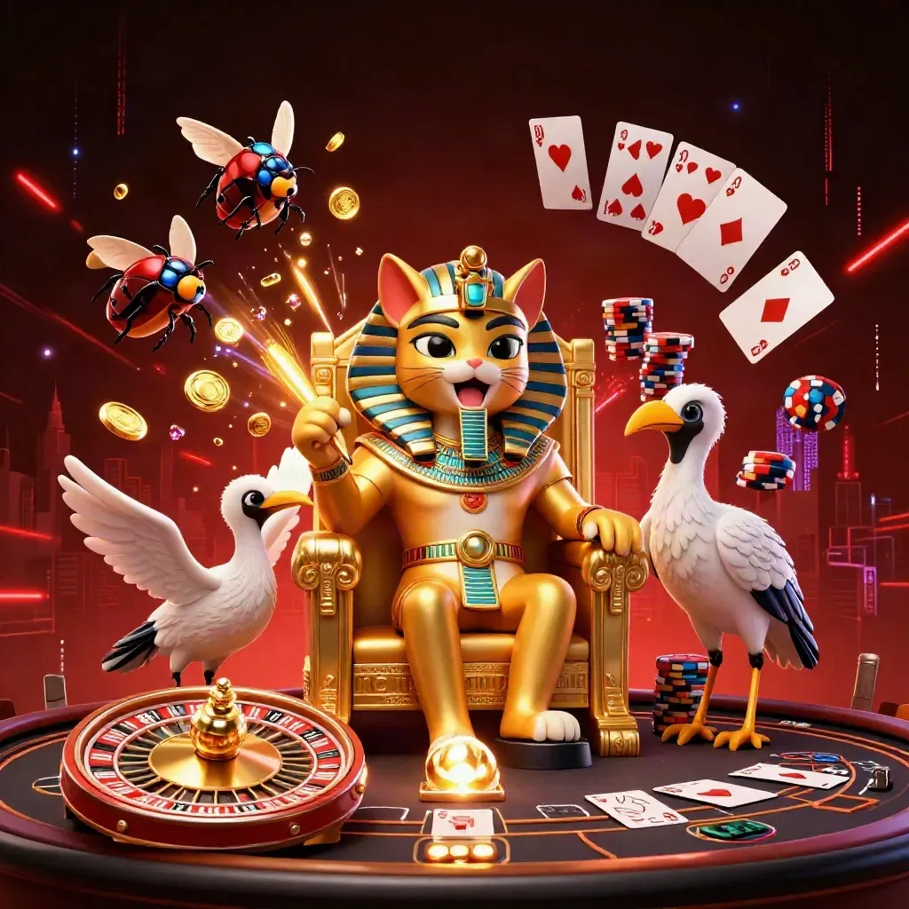 Pharaoh cat, ibis scribe, and gem-wing scarabs amid casino gold, coins, cards, and glowing energy.
