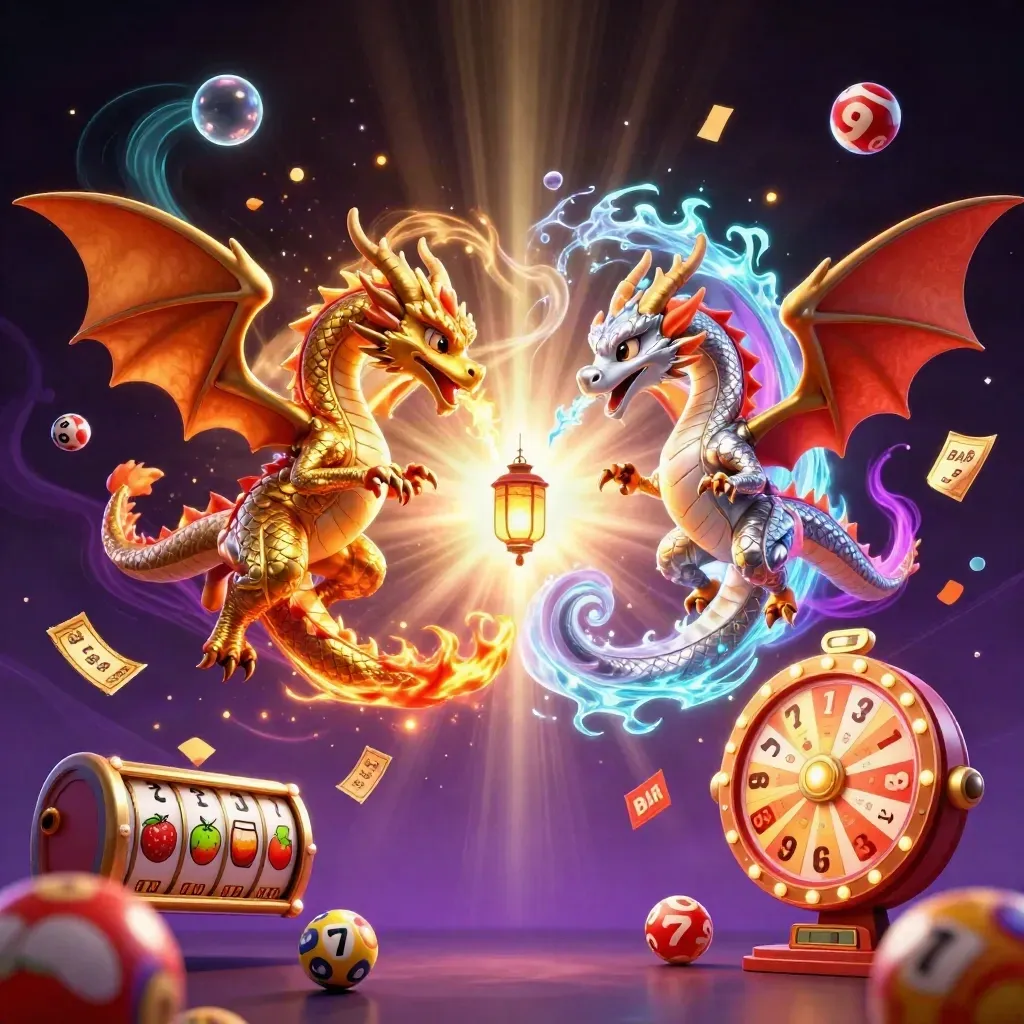 Gold and silver dragons spiral in fire and ice over casino loot, neon magic, and a starry dark backdrop.