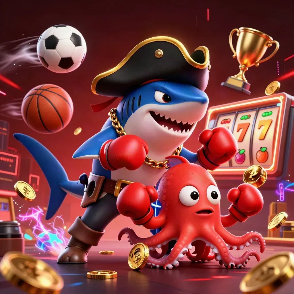 Pirate shark, boxing pufferfish, and coin-juggling octopus amid sports balls and casino glow.