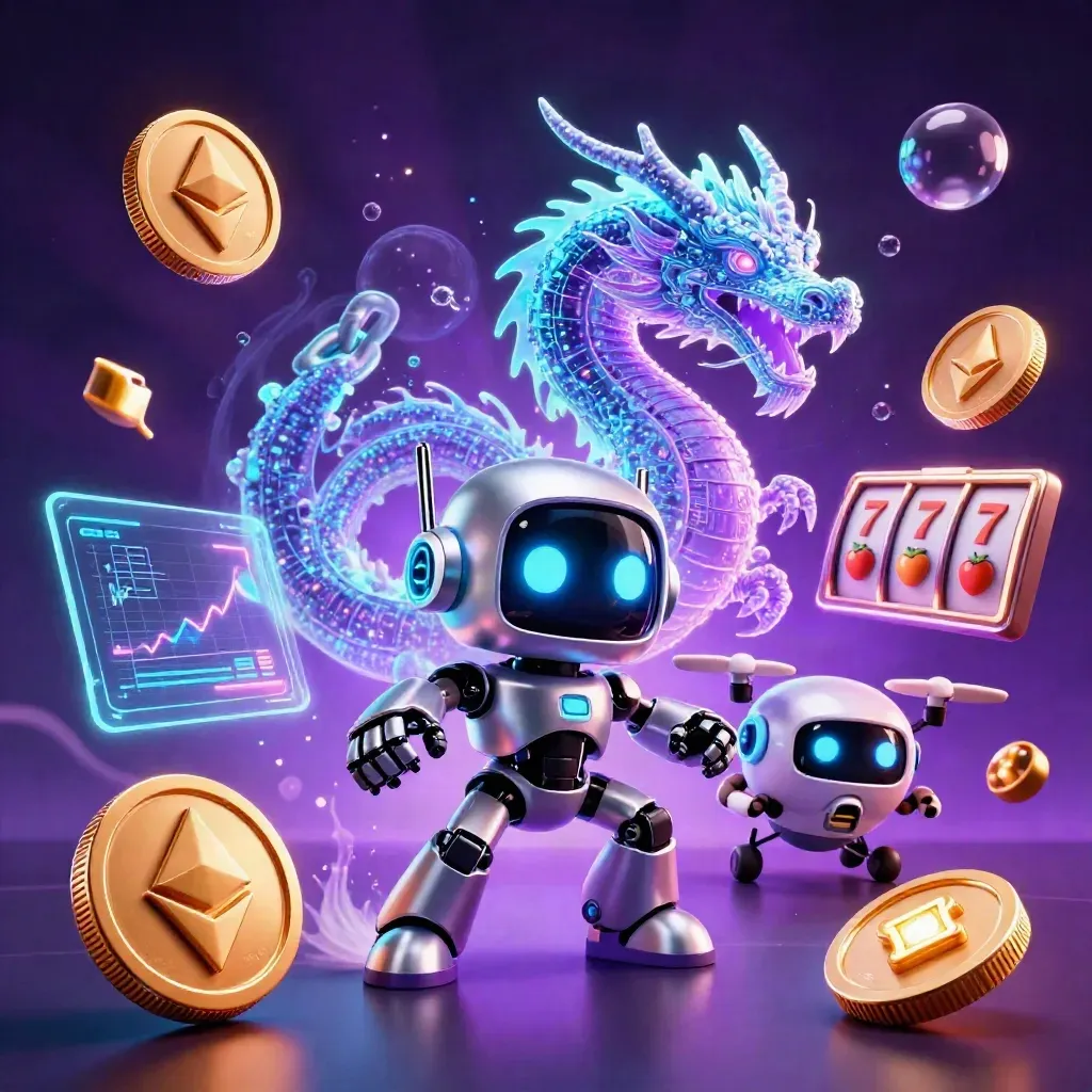 Cyberpunk robot, AI dragon, and coin drone explode with crypto coins and casino energy.