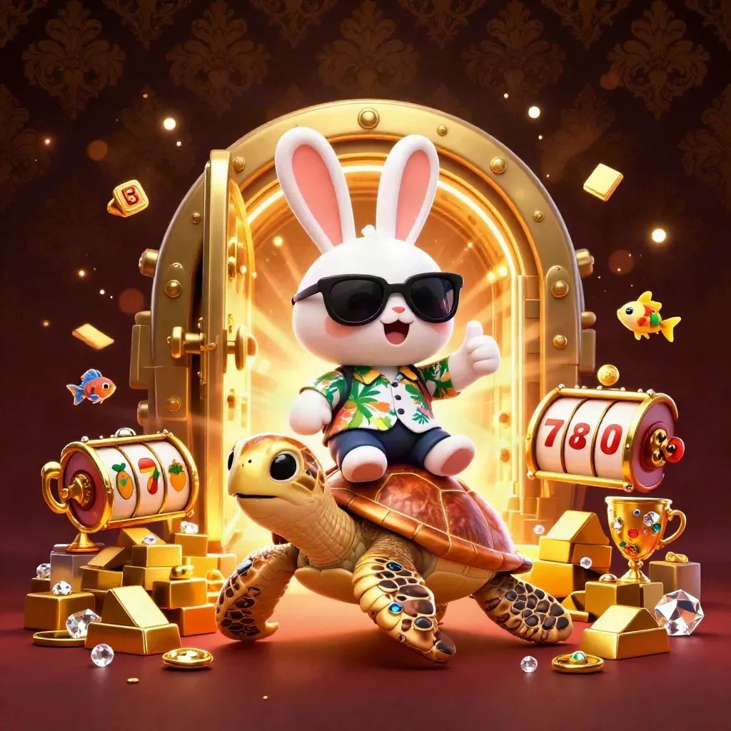 Lucky rabbit rides a gold sea turtle amid treasure, gems, and casino sparkle.