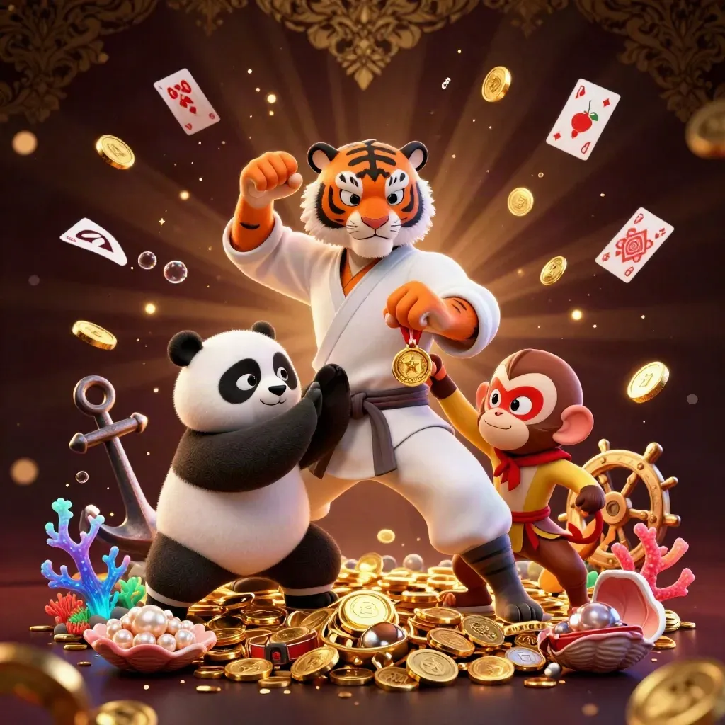 Tiger, panda, and monkey kung-fu heroes amid treasure, coral, coins, and casino glow.