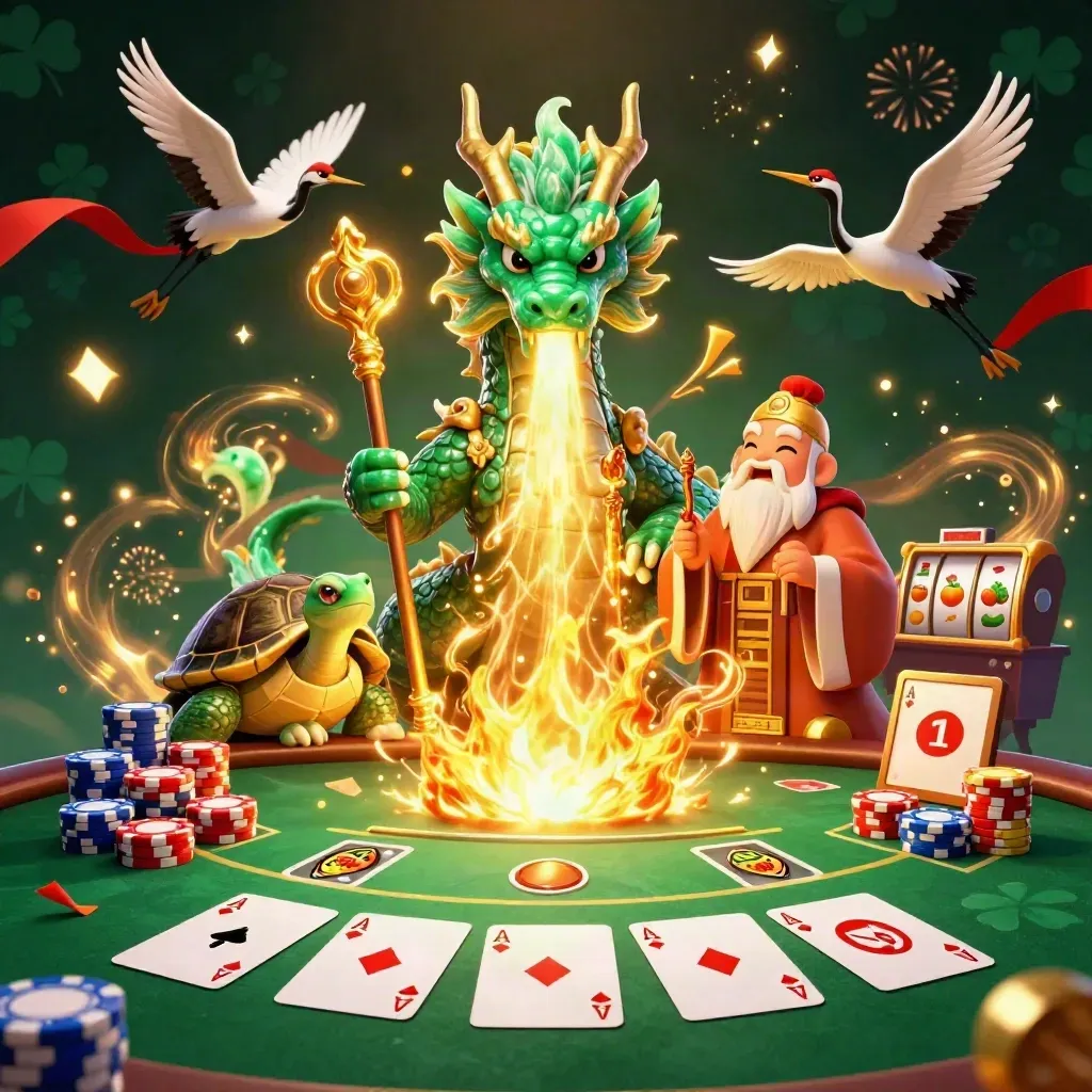 Emerald dragon, turtle sage, and ribbon cranes erupt amid casino chips, cards, fire, and gold sparks.