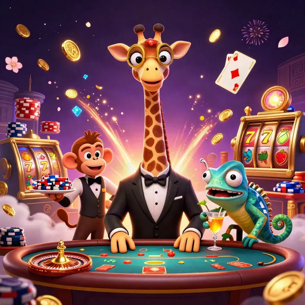 Giraffe, monkey valet, and chameleon bartender amid coins, cards, roulette wheel, and fireworks