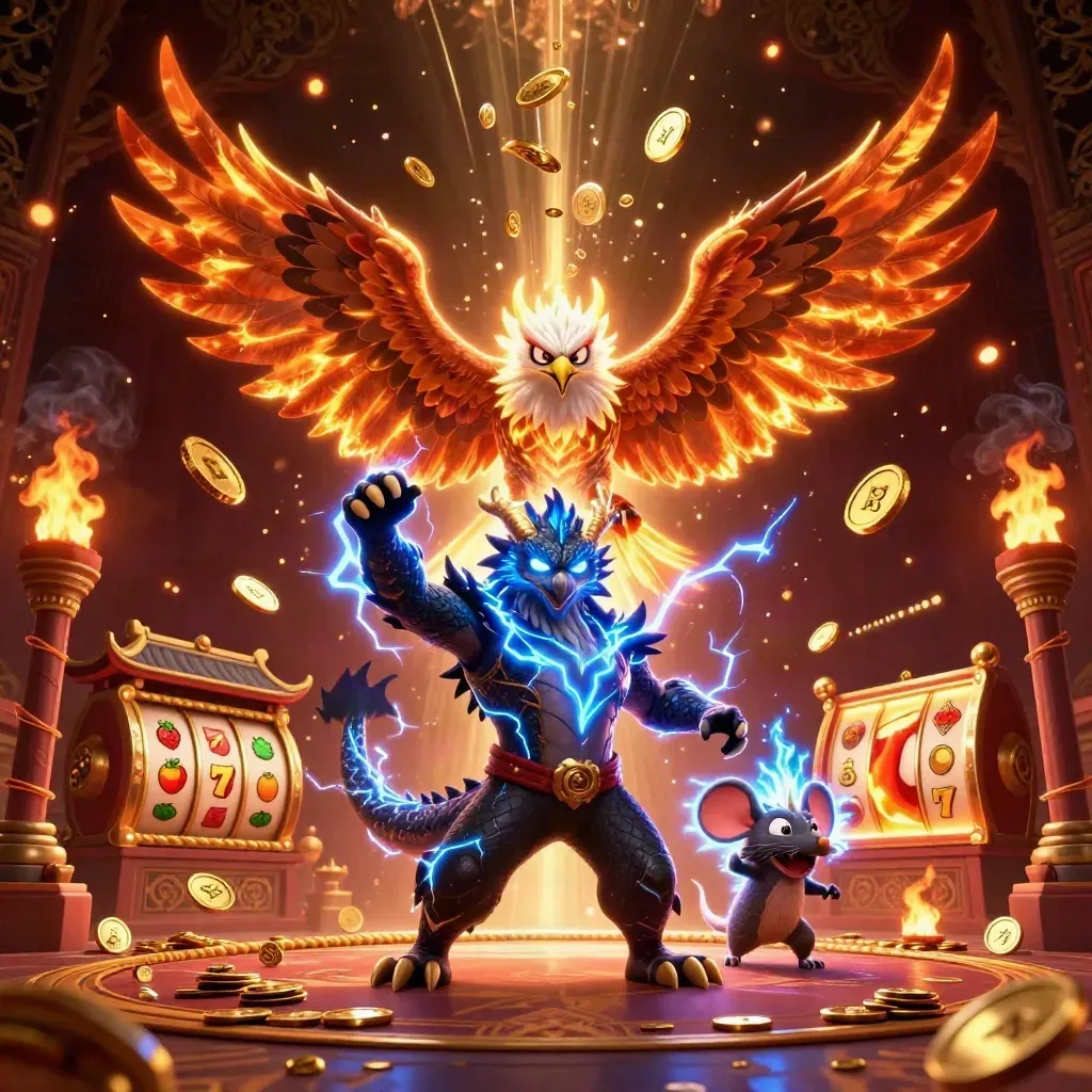 Dragon, hawk, and mouse amid coins, reels, fireworks, and a temple gate on a luxe casino backdrop.