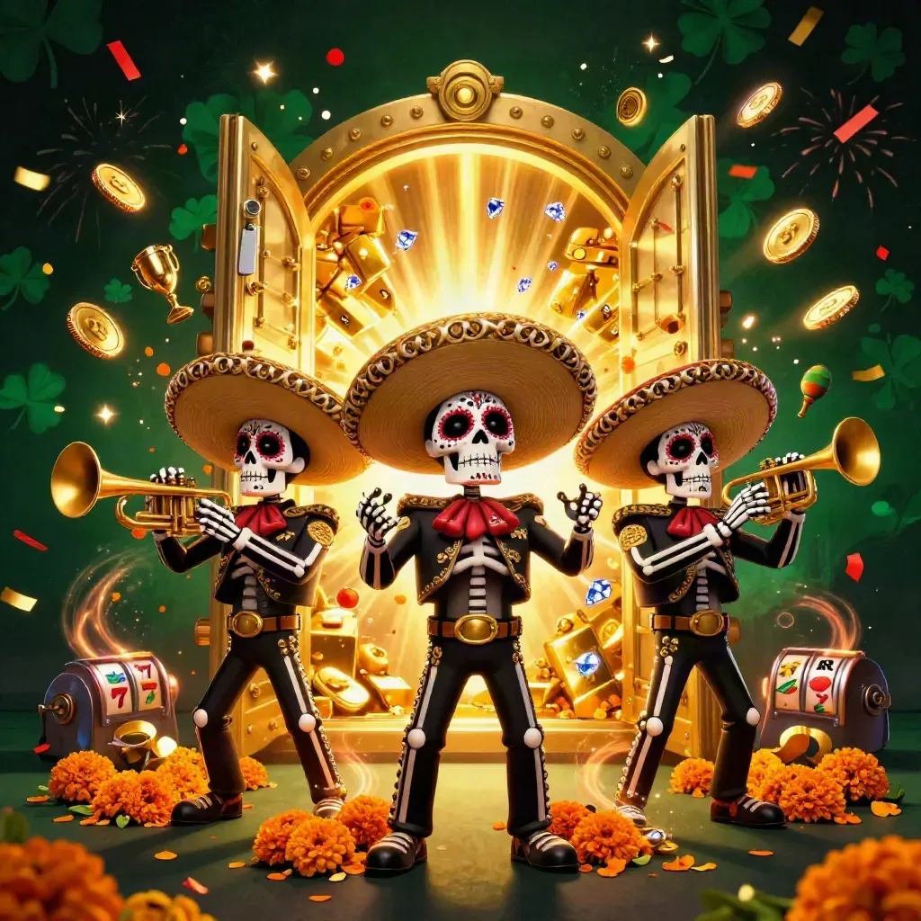 Skeleton mariachi trio celebrating as a vault explodes with gold, gems, reels, confetti, and fireworks.