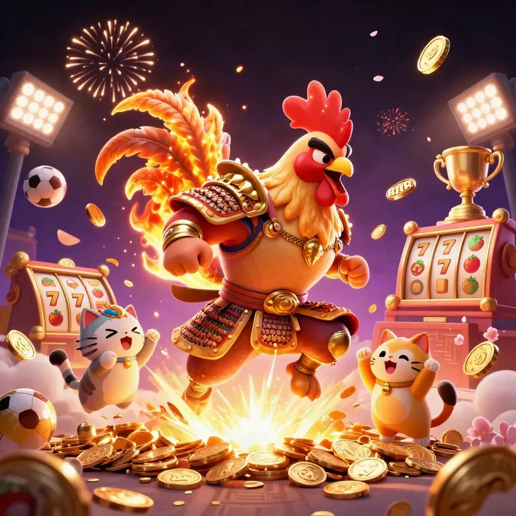 Rooster warrior, dragon hatchling, and fortune cat amid bursting coins, fireworks, trophies, and slot symbols