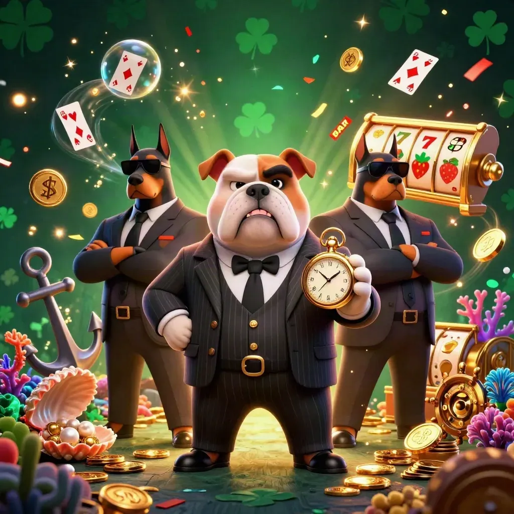 Bulldog boss with two doberman guards amid treasure cove casino effects, emerald and gold glow.