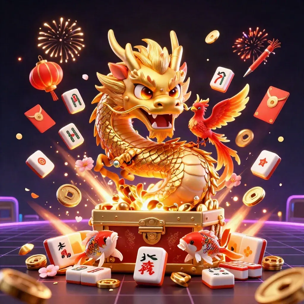 Golden dragon, red phoenix and koi erupt from a chest with coins, reels and fireworks in dark neon gold.