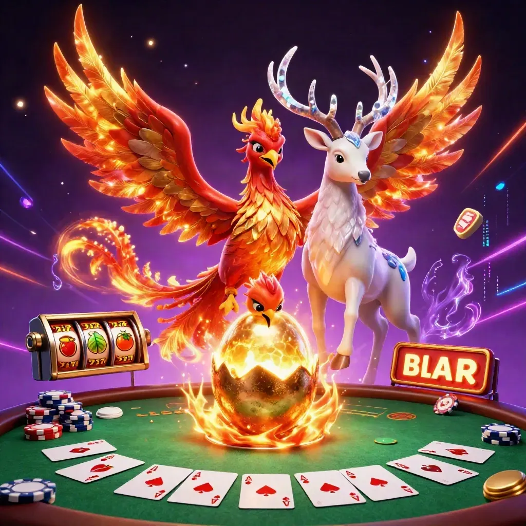 Fire phoenix, baby phoenix, and crystalline stag amid casino chips and glowing slot effects