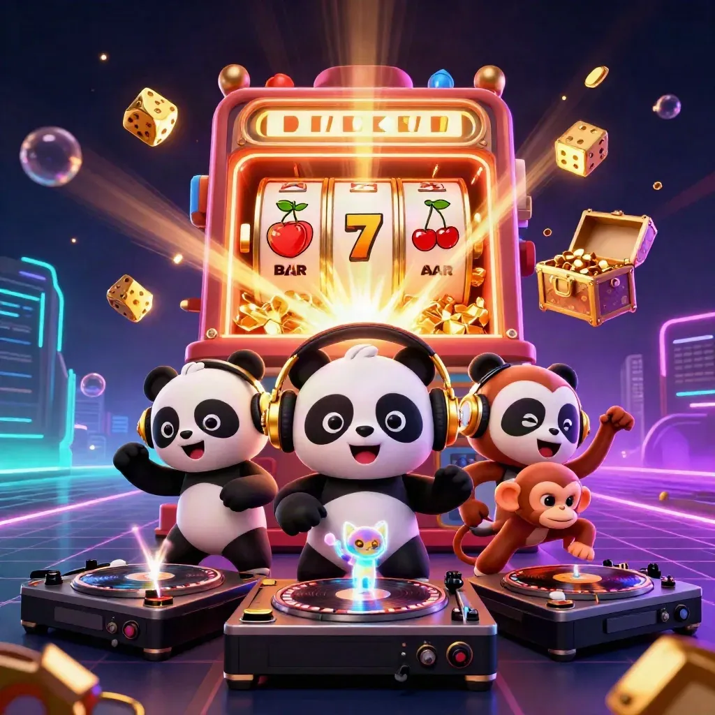 DJ panda, breakdancing monkey, and rave kitten amid a bursting slot machine and gold chaos.