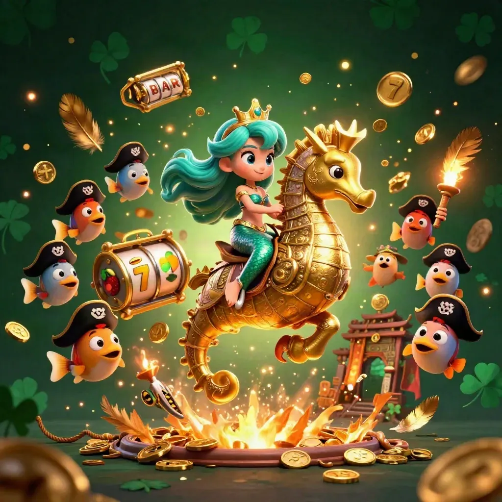 Mermaid princess on armored seahorse amid pirate fish, coins, reels, temple gate, and casino glow.