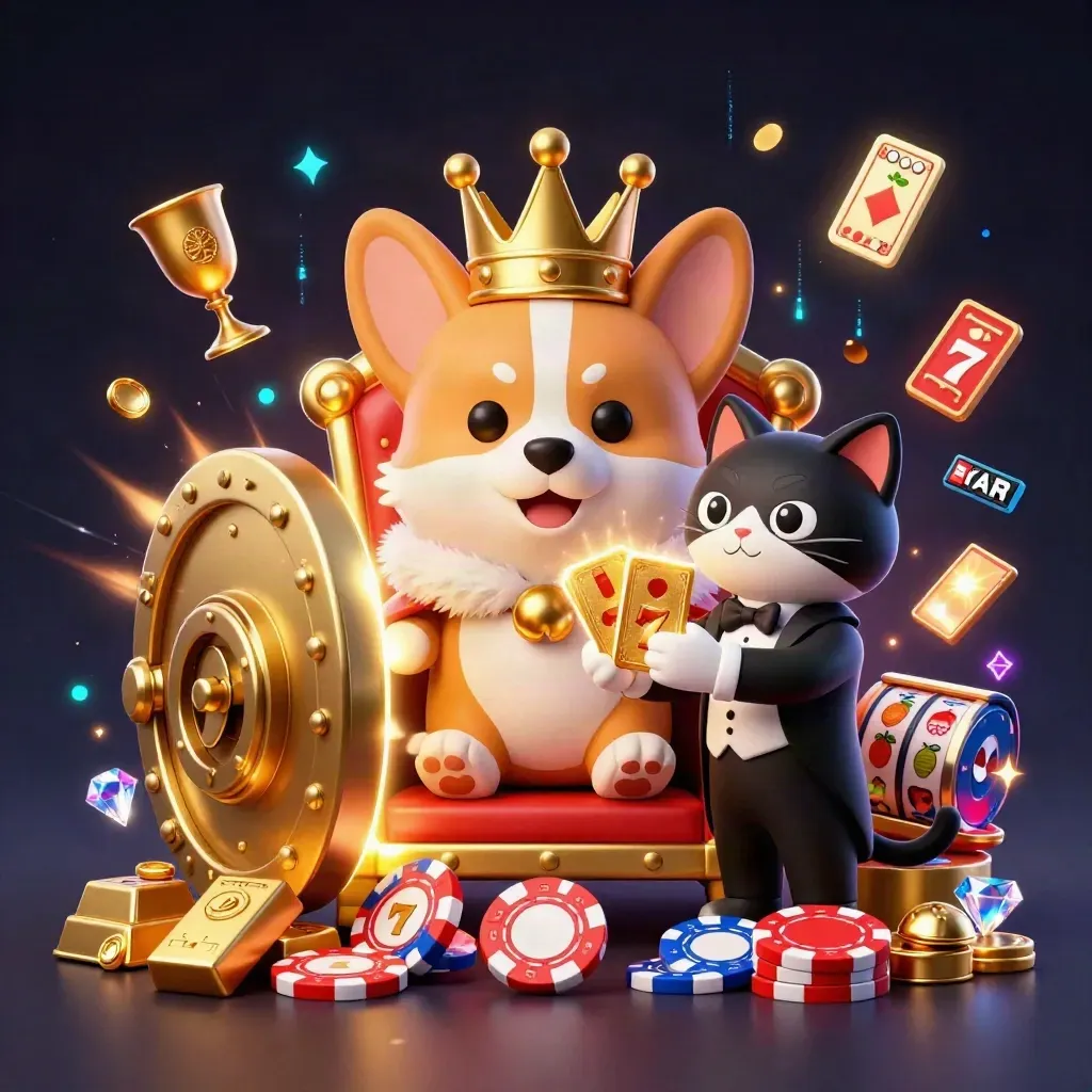 Royal corgi and cat butler burst from a gold vault amid chips, reels, gems, and cyan effects.