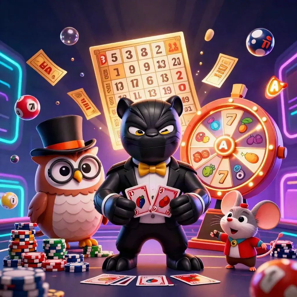 Panther, owl, and mouse amid casino symbols and glowing prize effects