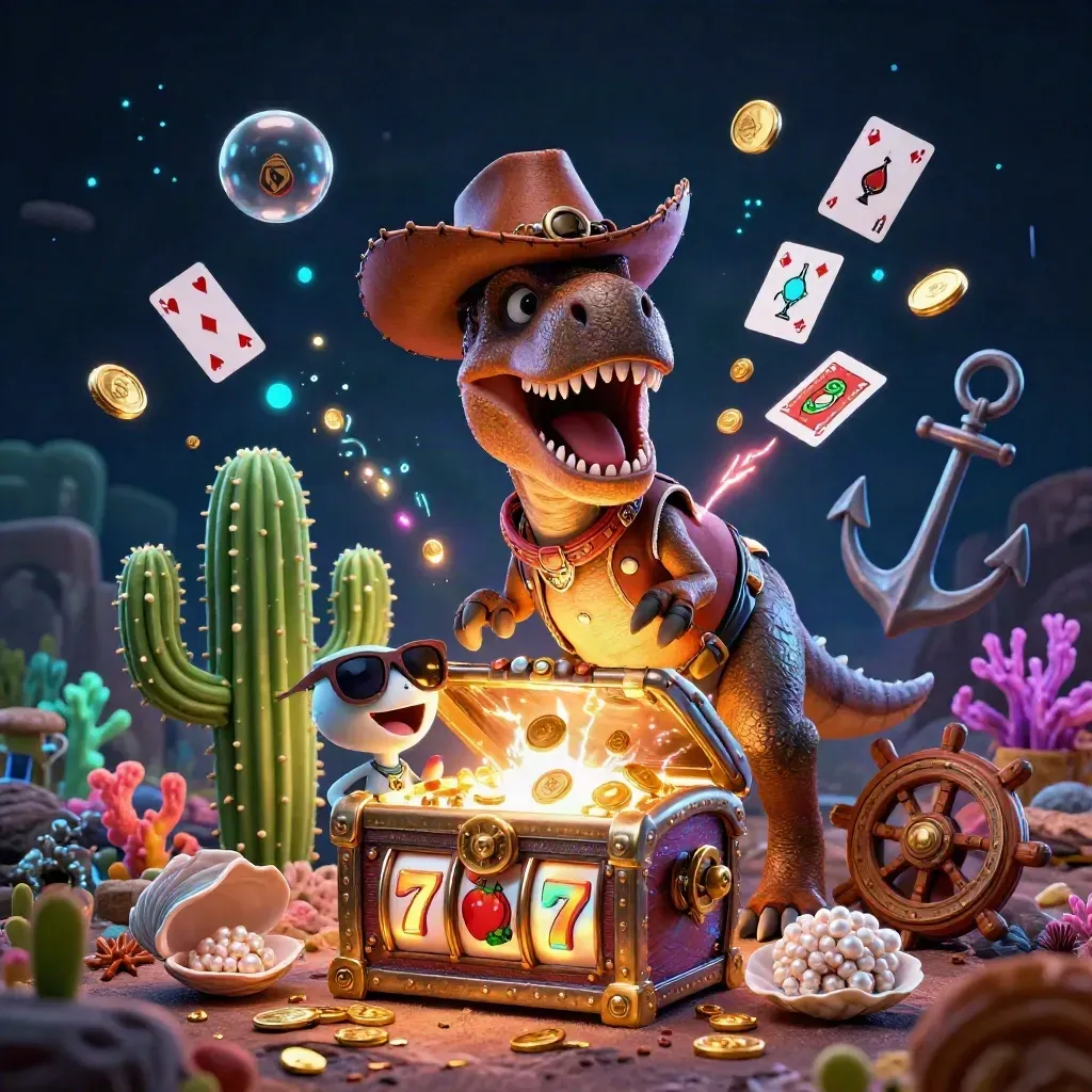Cowboy T-Rex, cactus sidekick, and sheriff roadrunner amid casino treasure and neon sea loot