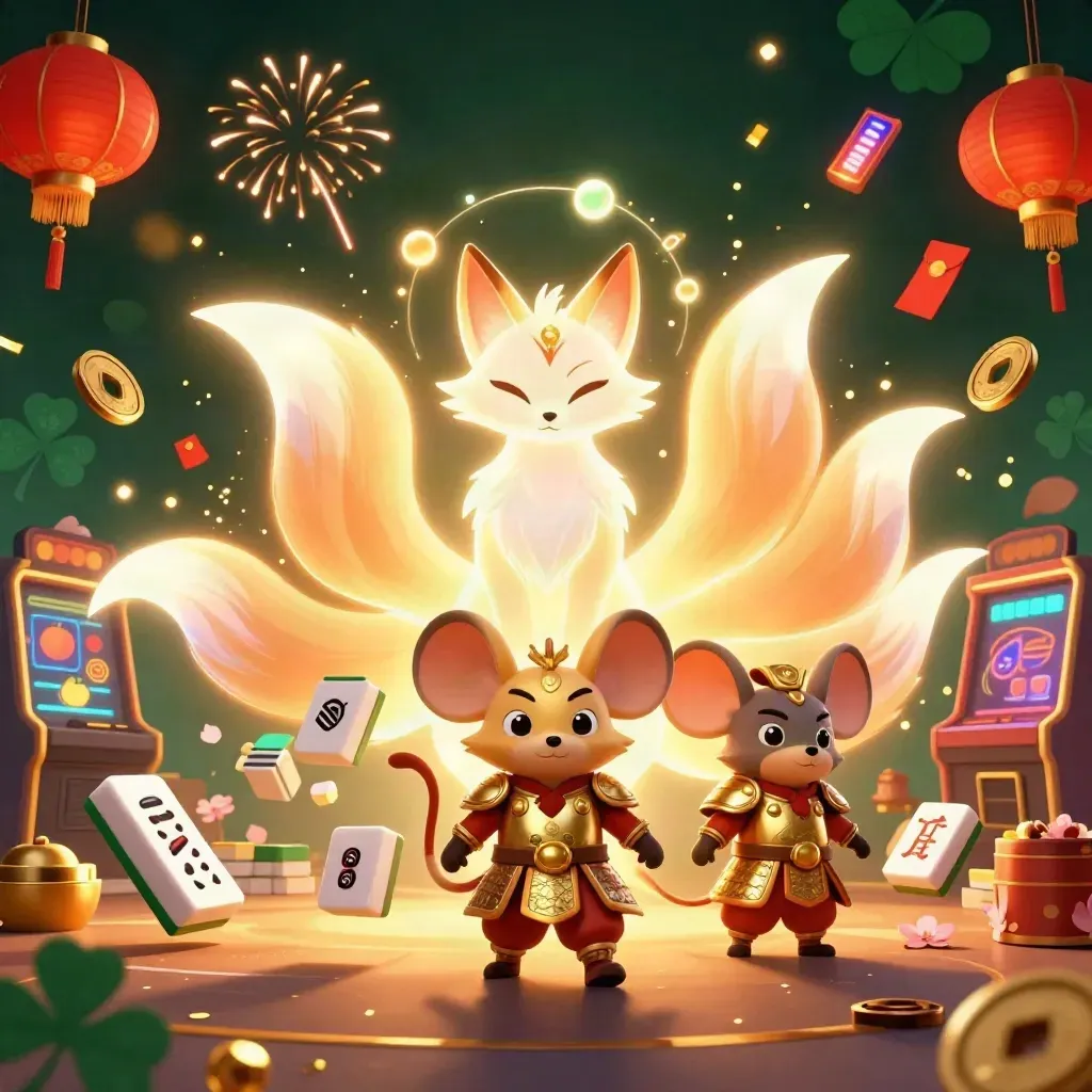 Neon fox spirit and gold-armoured mouse amid casino symbols, sparks and jade coins